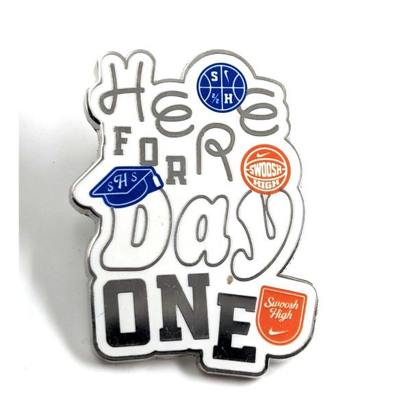 Nike Swoosh High Here For Day One Silver Tone Enamel Pin Advertise White Blue - Picture 1 of 5